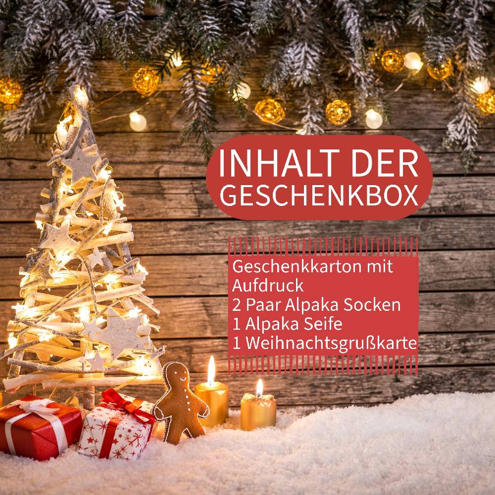 KB Socken Weihnachtliche Geschenkbox inklusive 2 Paar Alpakasocken, einer Alpakakeratinseife und einer Weihnachtskarte Kauf eins, bekomm eins gratis