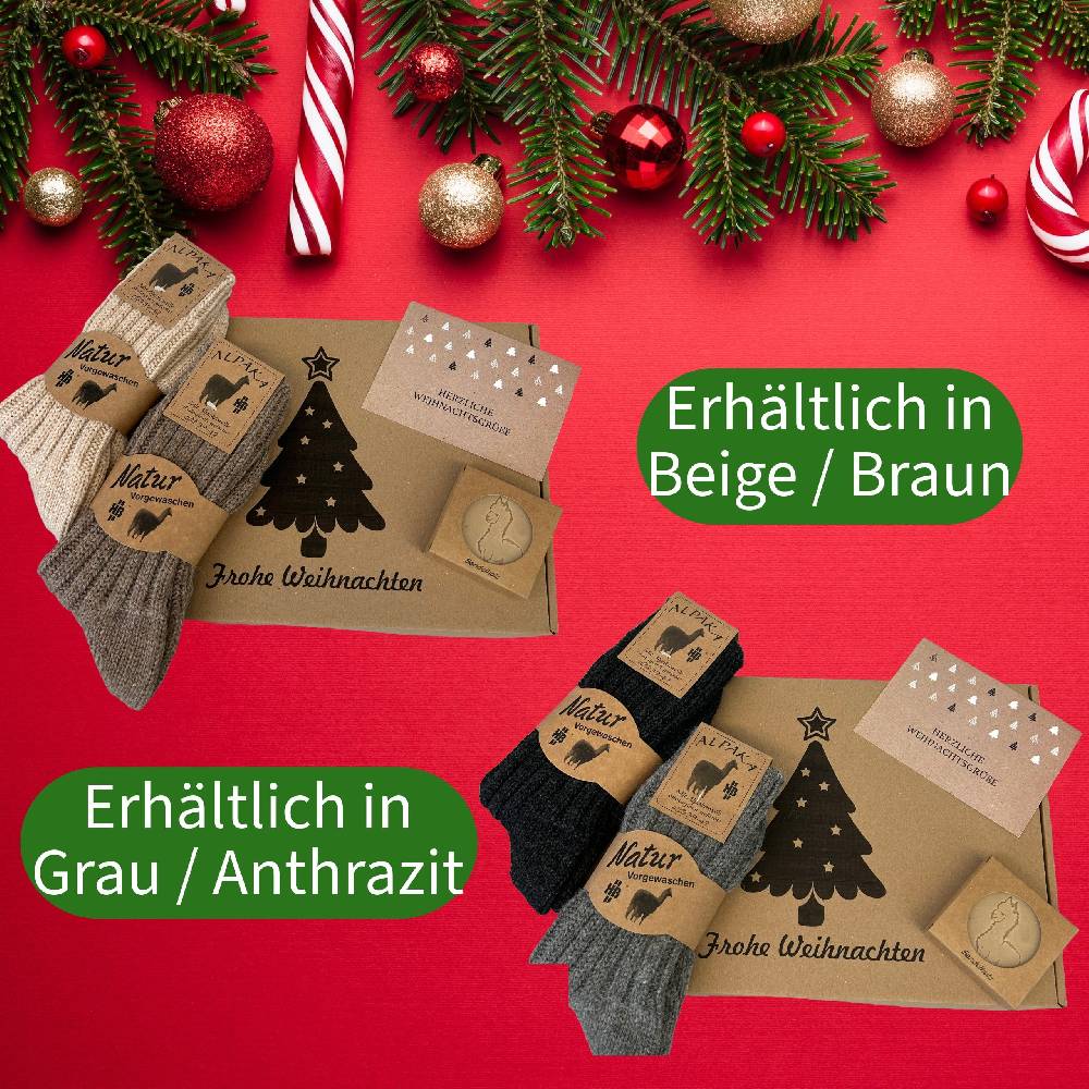 KB Socken Weihnachtliche Geschenkbox inklusive 2 Paar Alpakasocken, einer Alpakakeratinseife und einer Weihnachtskarte Kauf eins, bekomm eins gratis