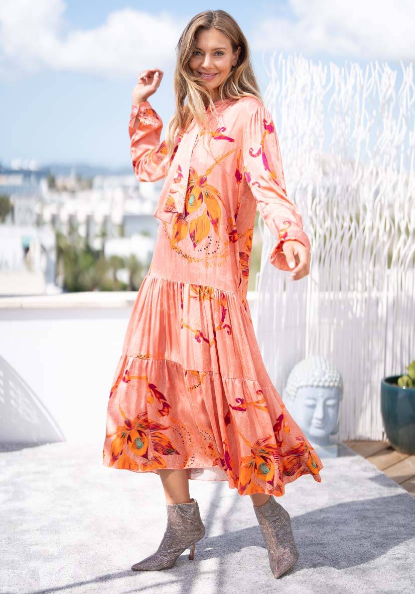 Miss Goodlife Dress Orange Flowers Fabrikpreis