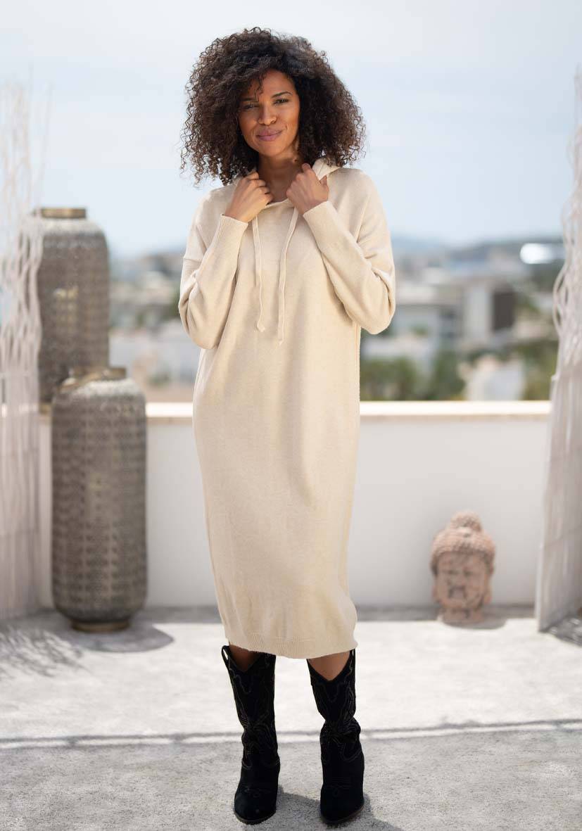 Miss Goodlife Dress Knitted Hoodie long – creme Exklusivangebot