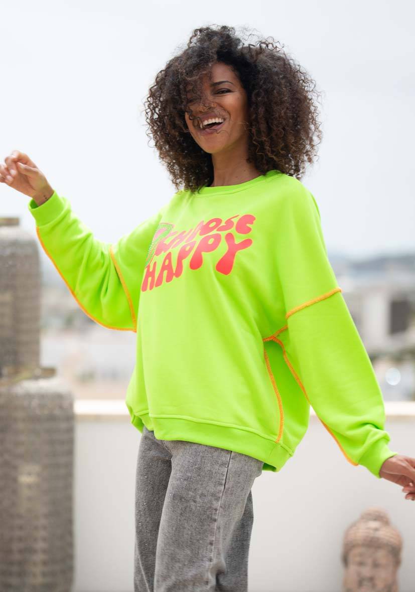 Miss Goodlife Roundneck Choose Happy Strass – neongreen Im Verkauf