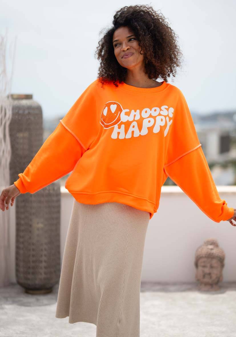 Miss Goodlife Roundneck Choose Happy Strass – neonorange zollfrei