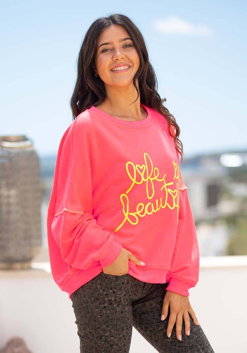 Miss Goodlife Roundneck Life is beautiful – neonpink Preisnachlass