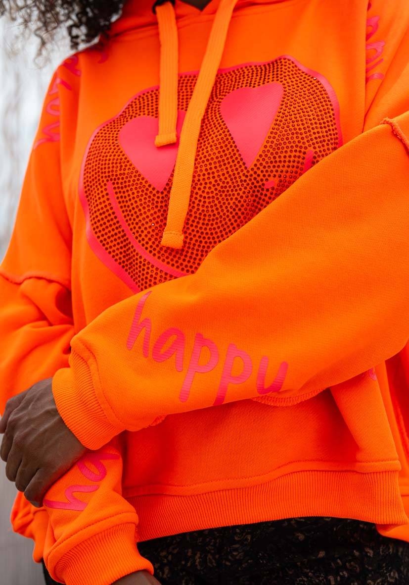 Miss Goodlife Hoodie Happy Heartface Strass – neonorange VIP-Rabatte