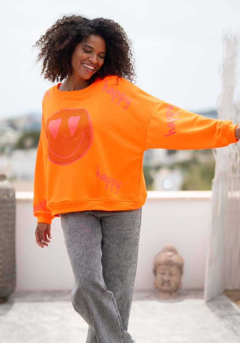Miss Goodlife Roundneck Happy Heartface Strass – neonorange Letzte 3 Tage