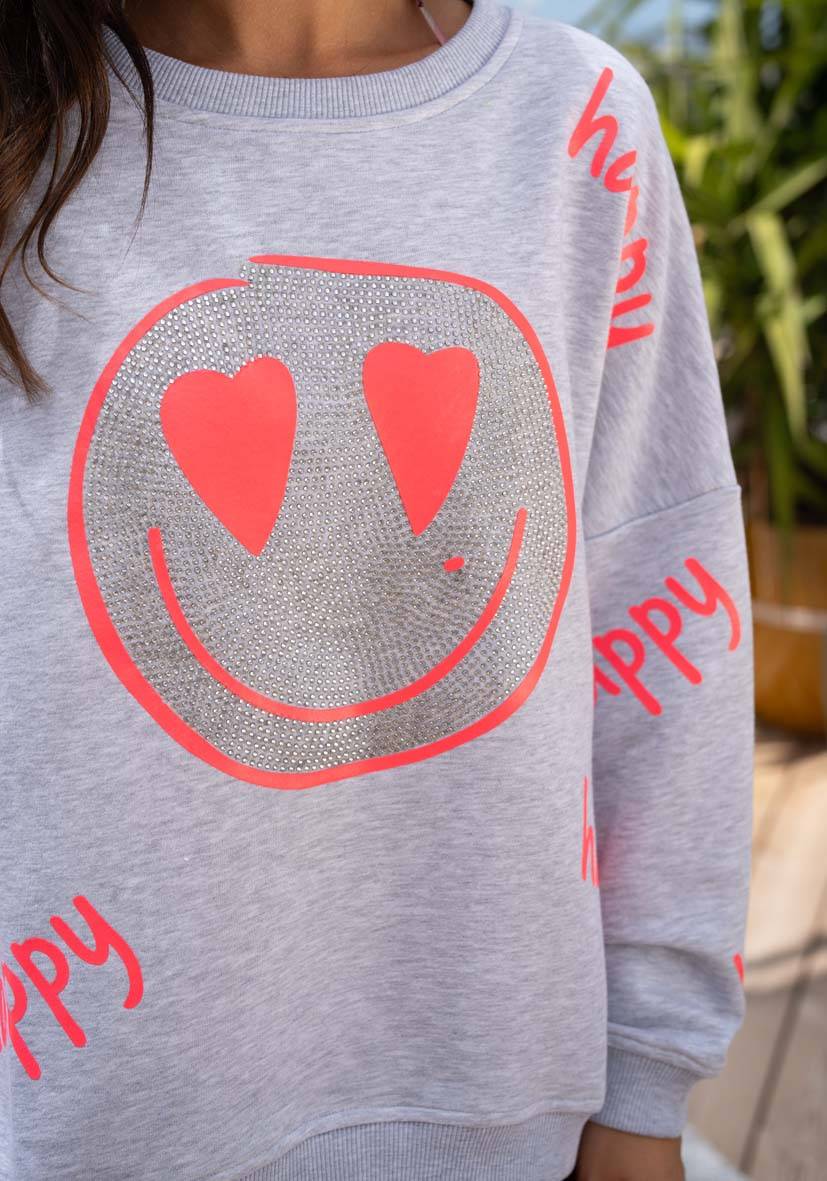 Miss Goodlife Roundneck Happy Heartface Strass – lightgrey JETZT KAUFEN
