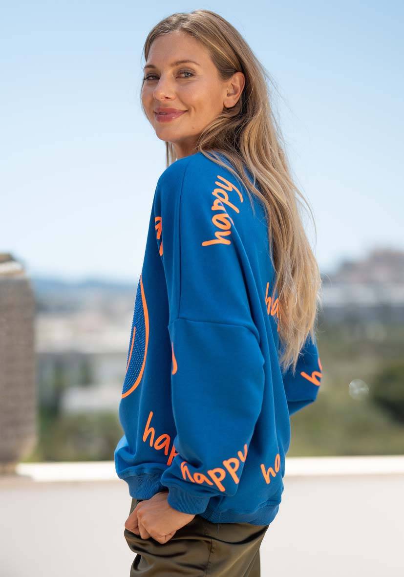 Miss Goodlife Roundneck Happy Heartface Strass – blue Neueste Stile