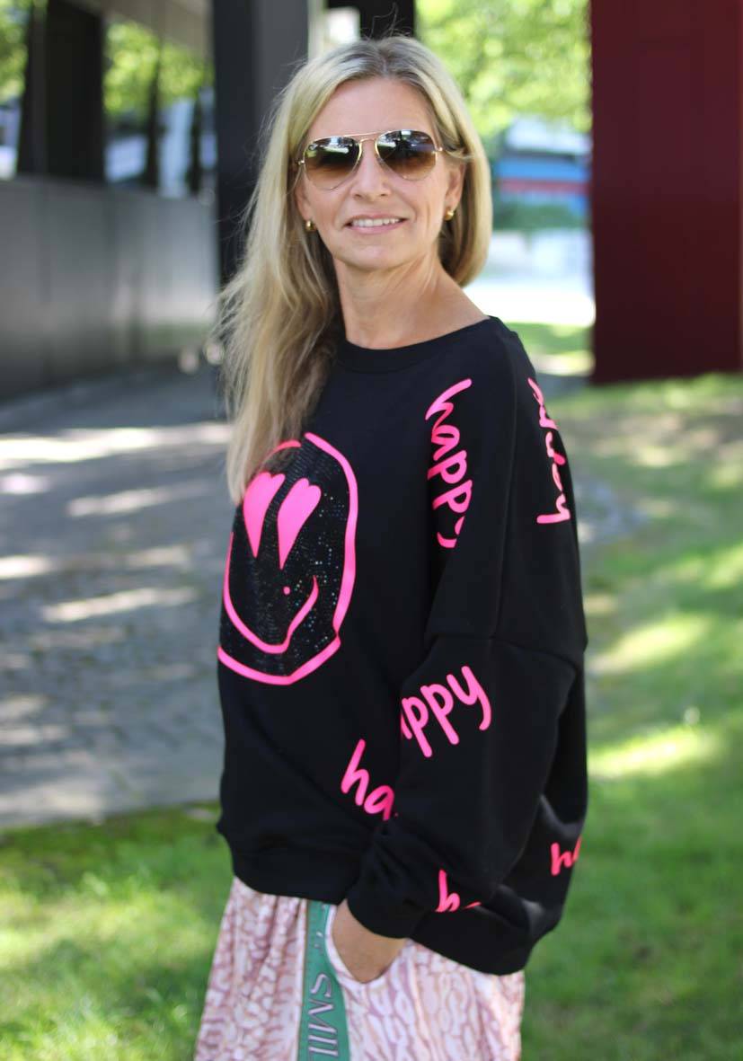 Miss Goodlife Roundneck Happy Heartface Strass – black Letzte 2 Tage