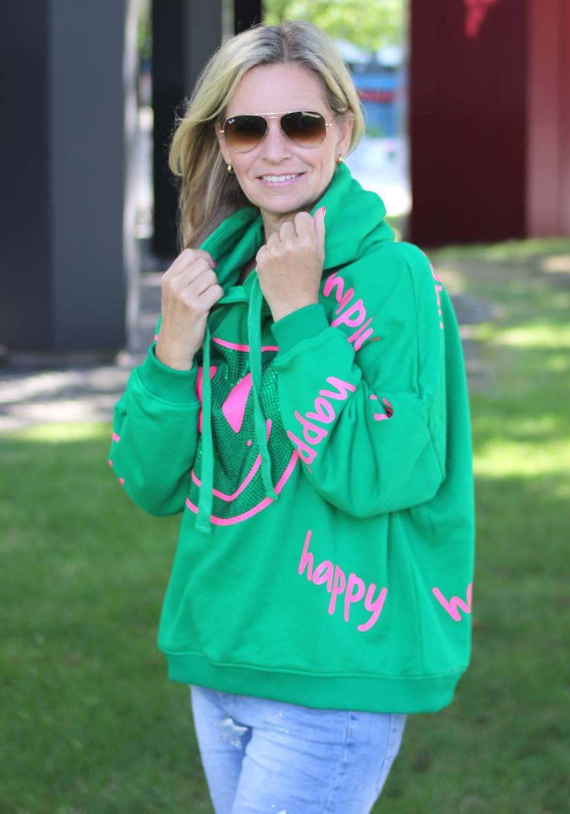 Miss Goodlife Hoodie Happy Heartface Strass – green Nur für heute