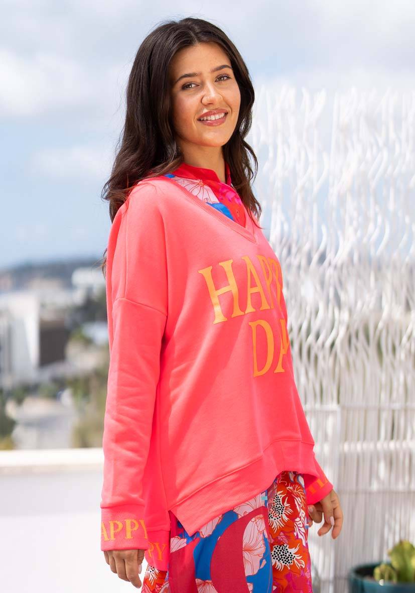 Miss Goodlife V-Neck Happy Day – neonpink 50% Rabatt für begrenzte Zeit
