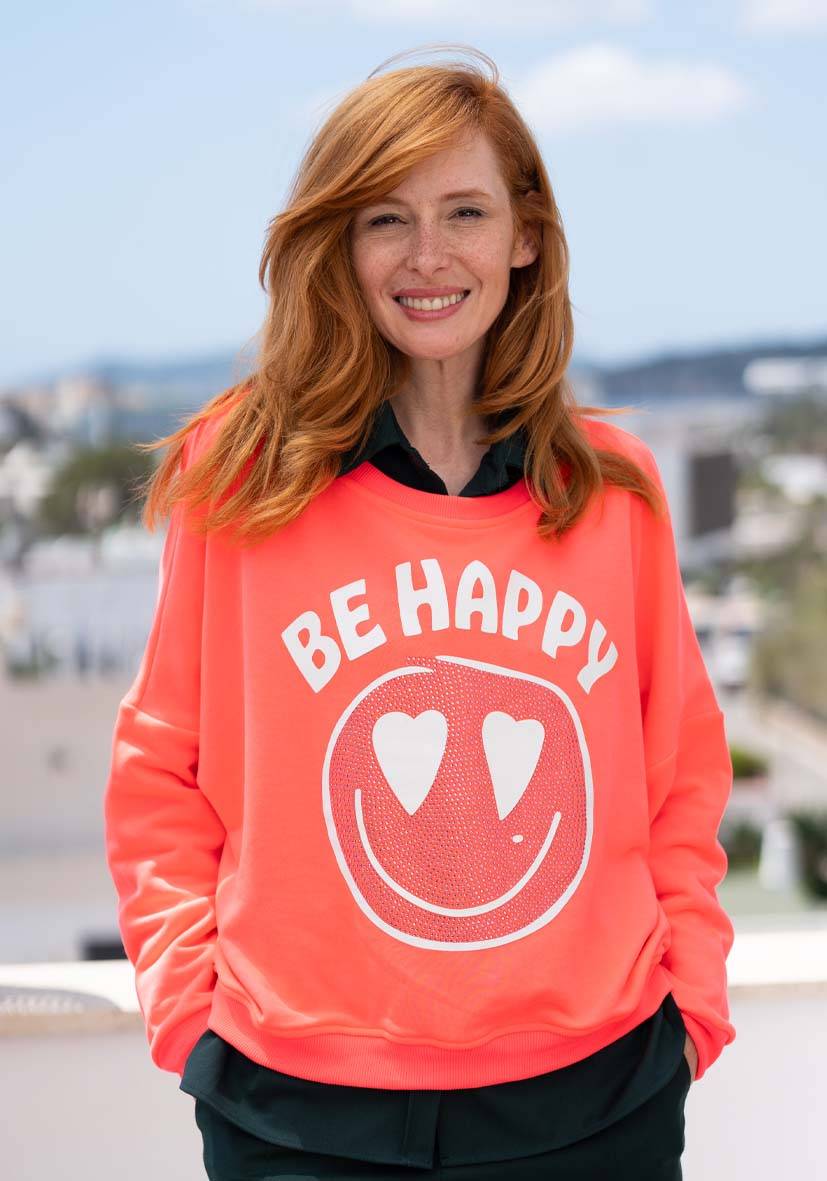 Miss Goodlife Roundneck Be happy Heartface Strass – neonpink Online Shopping