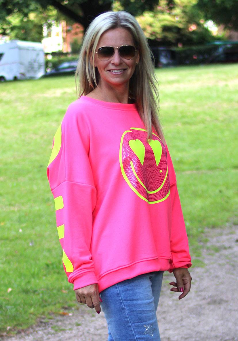 Miss Goodlife Roundneck Famous Heartface Strass – neonpink Vatertagsangebot