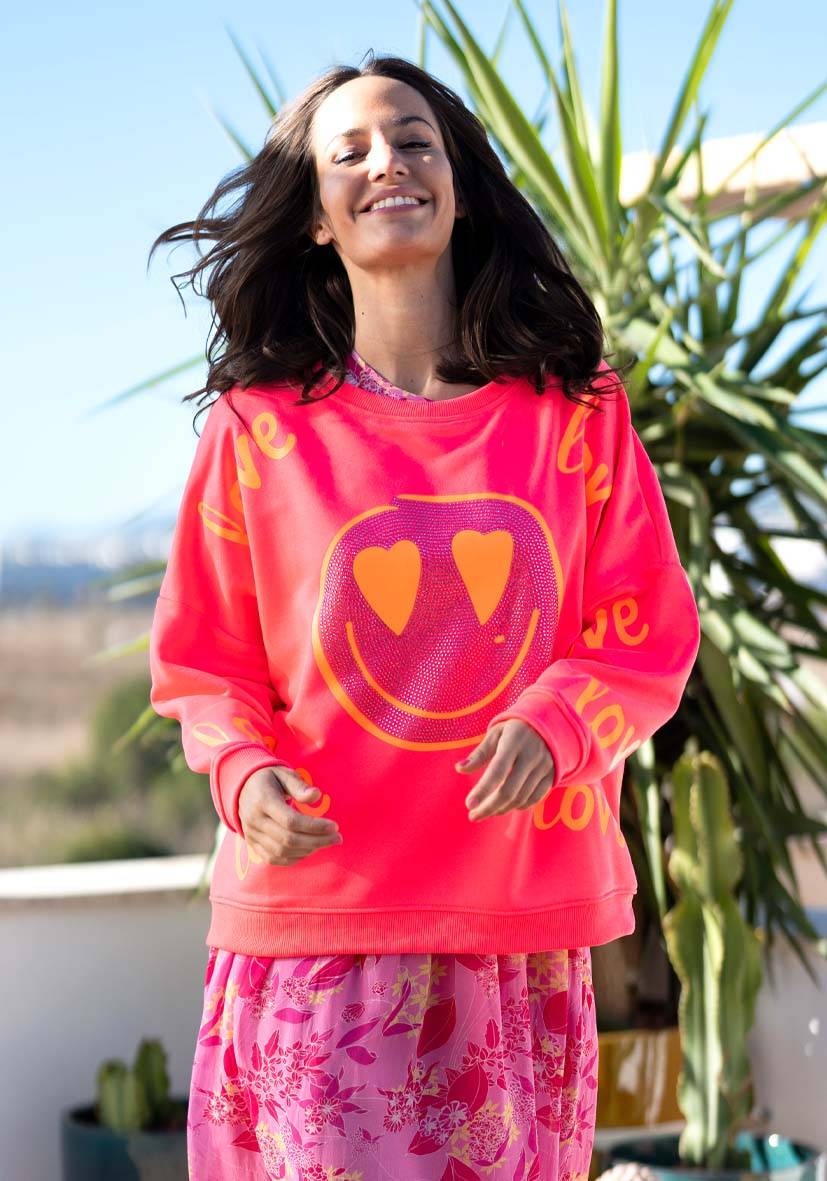 Miss Goodlife Roundneck Love Heartface Strass – neonpink Lagerräumung