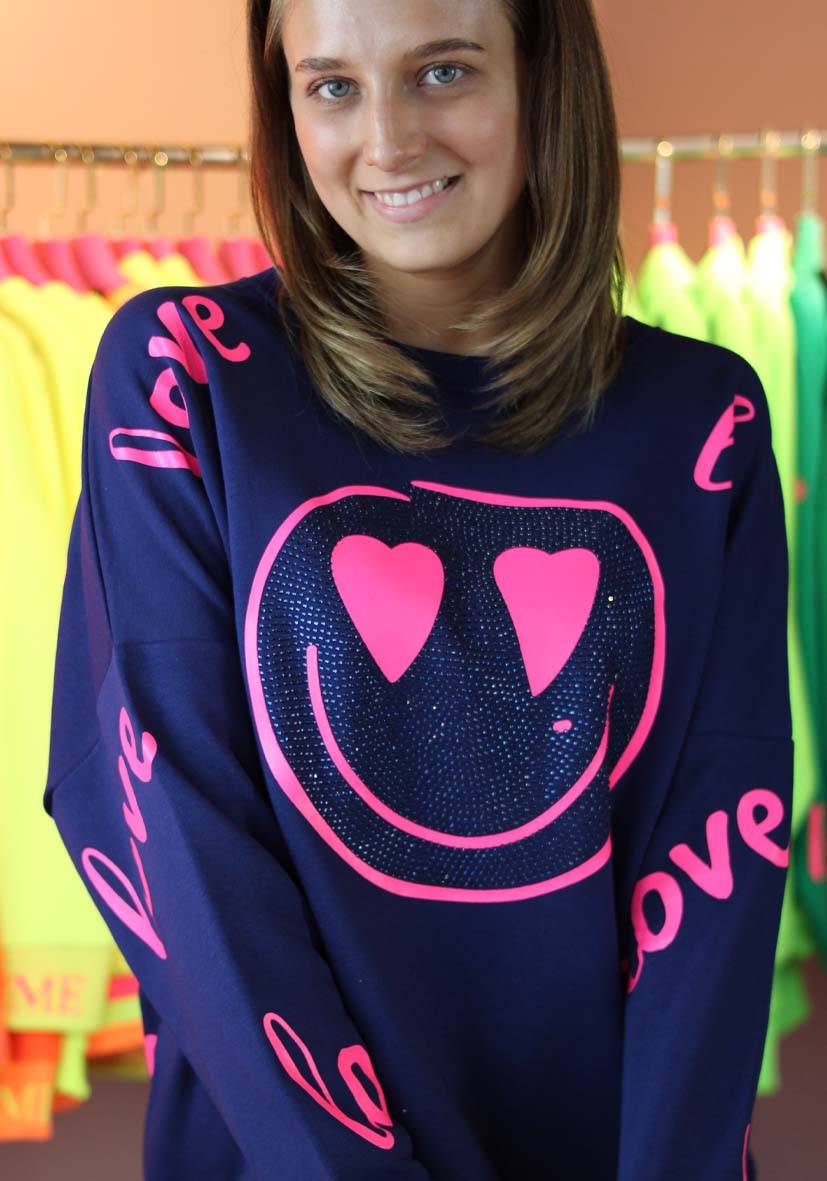 Miss Goodlife Roundneck Love Heartface Strass – darkblue Heißer Verkauf