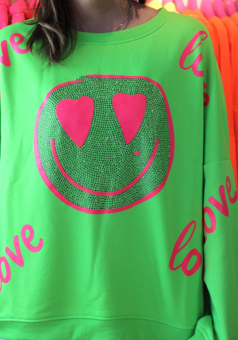 Miss Goodlife Roundneck Love Heartface Strass – neongreen Neueste Mode