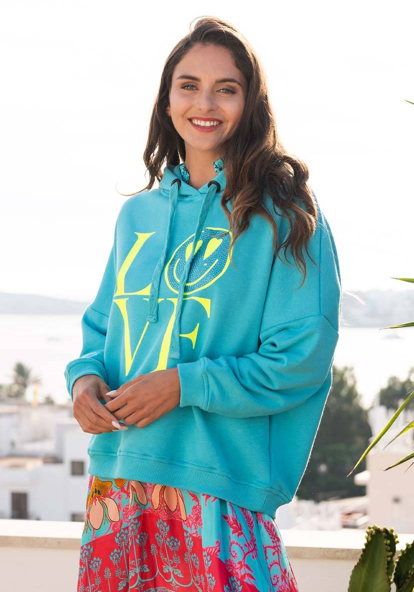 Miss Goodlife Hoodie Love Heartface – turquoise/neonyellow 50% Rabatt mit kostenlosem Versand