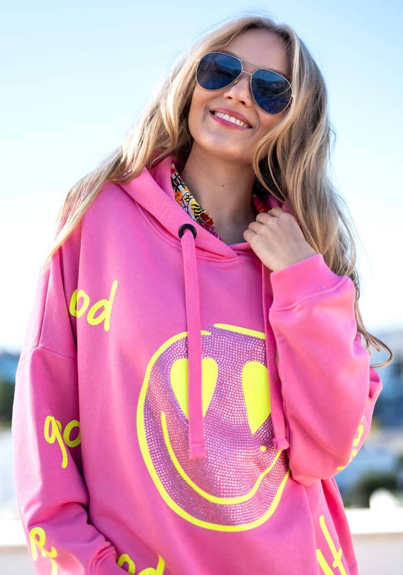 Miss Goodlife Hoodie Goodlife Heartface Strass – rose/neonyellow Outlet