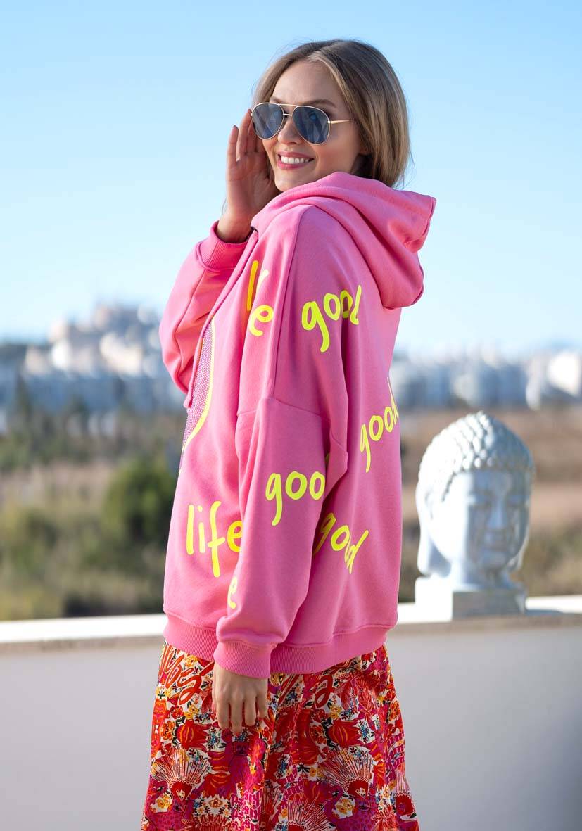 Miss Goodlife Hoodie Goodlife Heartface Strass – rose/neonyellow Outlet
