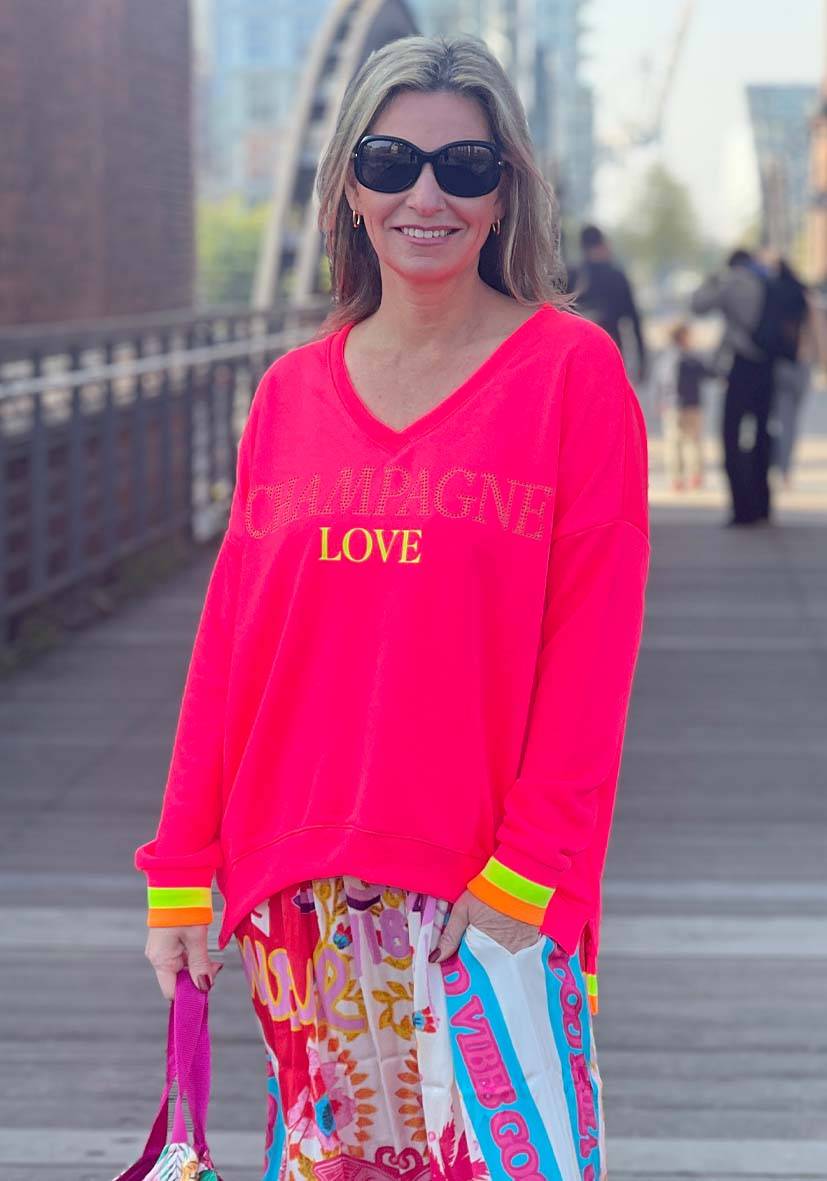 Miss Goodlife V-Neck Champagne Love Strass – neonpink/neonyellow Auslauf