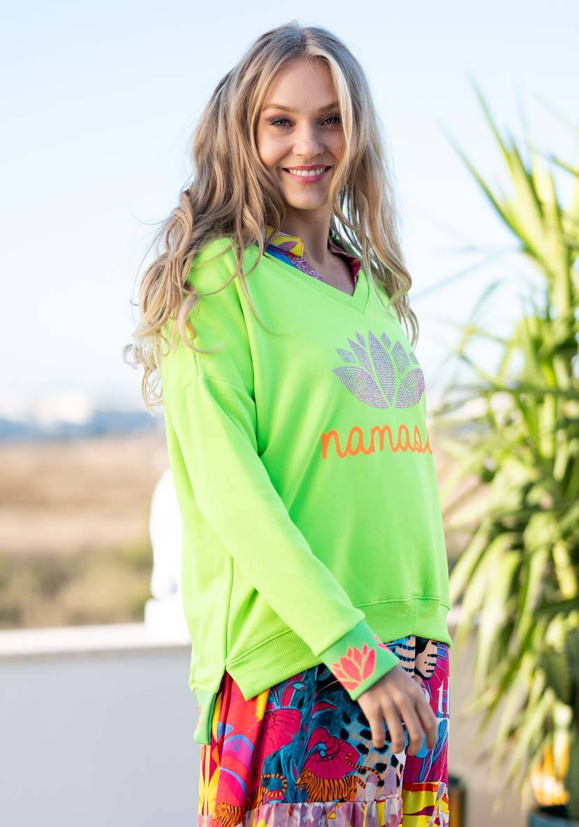 Miss Goodlife V-Neck Namasté Strass – neongreen/neonorange Günstiger Verkauf