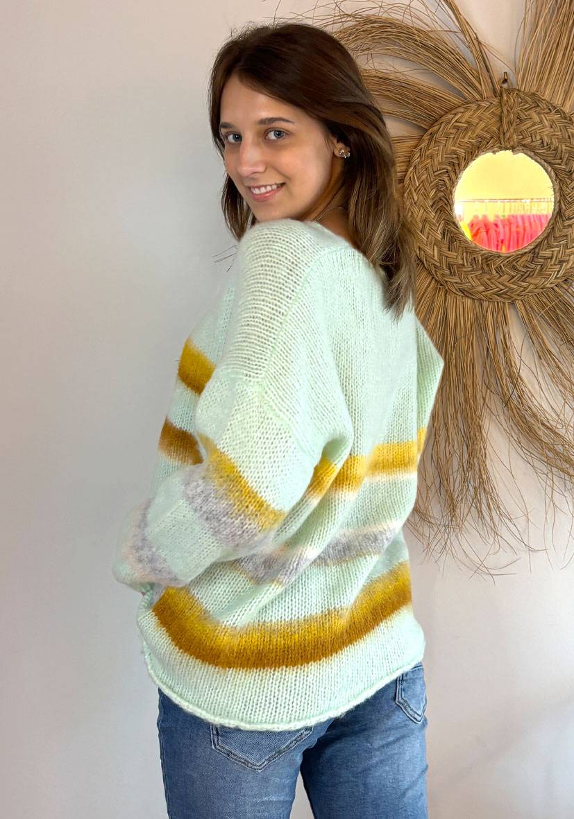 Miss Goodlife Pullover gebrushed mit multicolor Stripes – mint Saisonale Angebote
