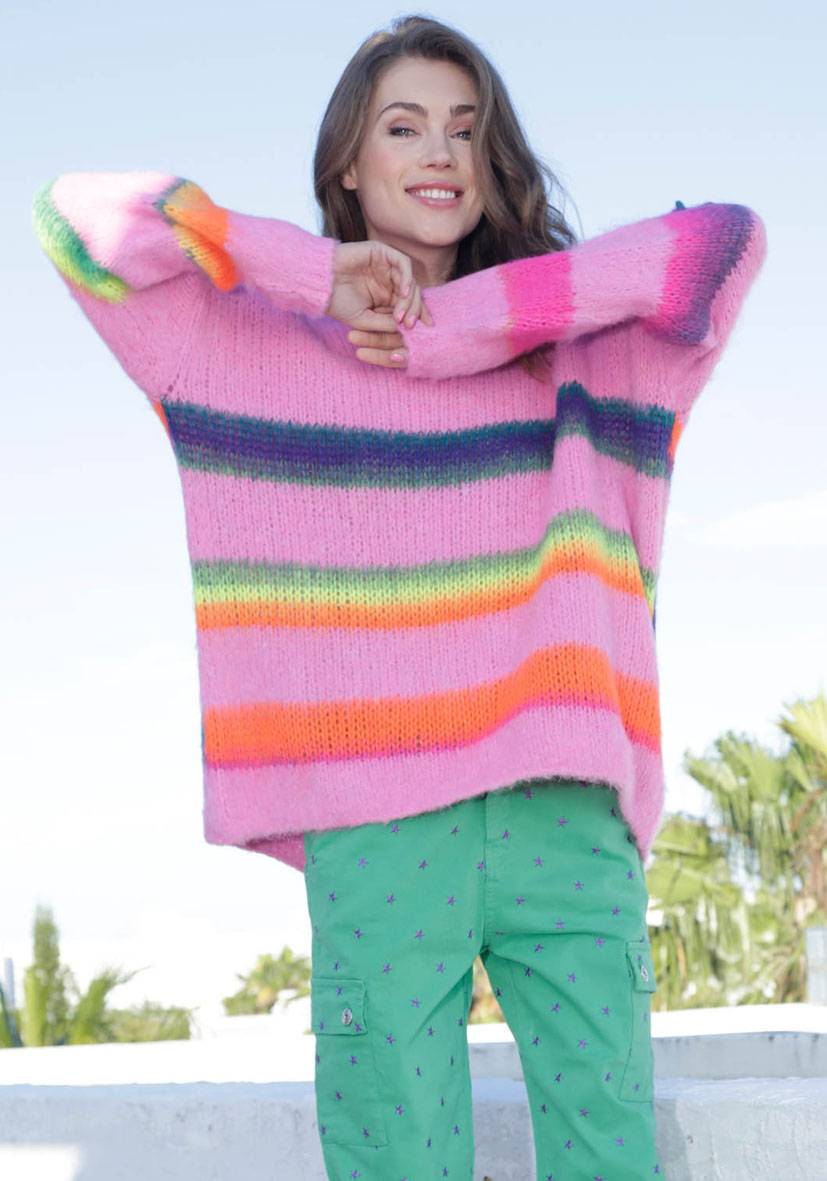 Miss Goodlife Pullover gebrushed mit multicolor Stripes – pink Sonderangebote