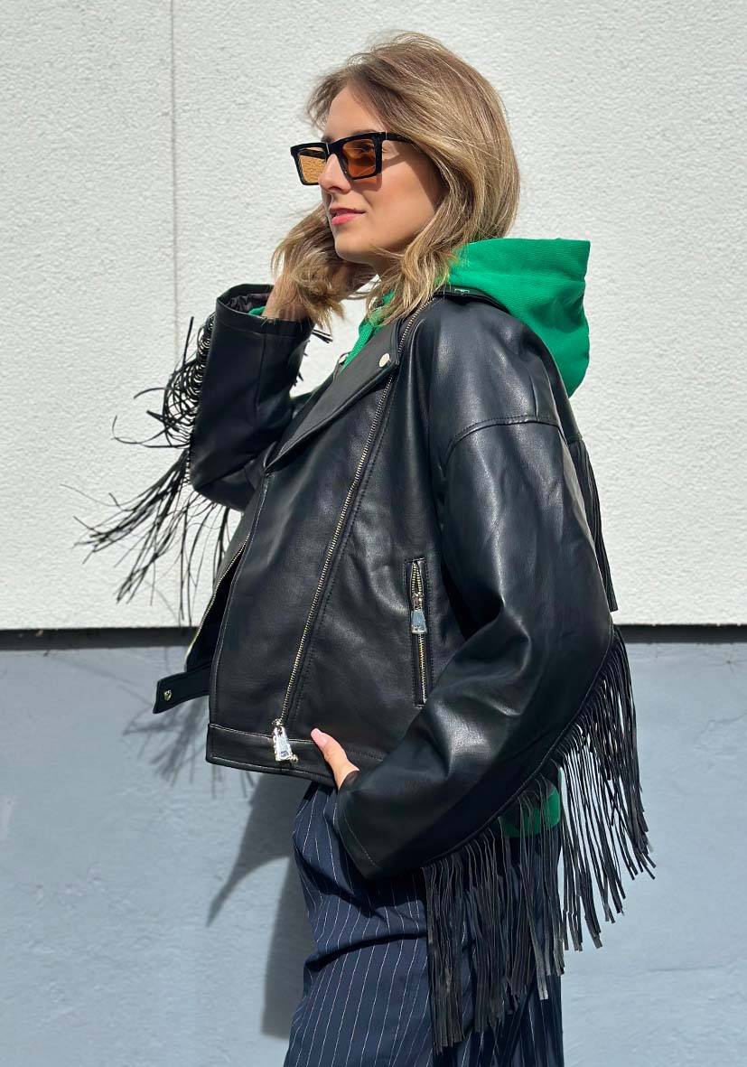 Miss Goodlife Vegane Lederjacke mit Fransen – black Schlussverkauf