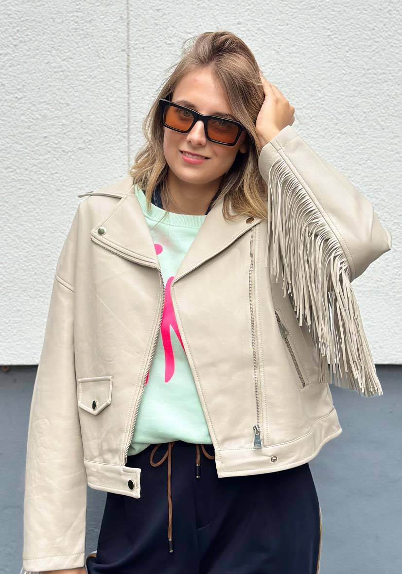 Miss Goodlife Vegane Lederjacke mit Fransen – beige