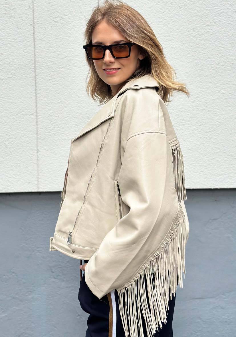 Miss Goodlife Vegane Lederjacke mit Fransen – beige Günstiger Verkauf