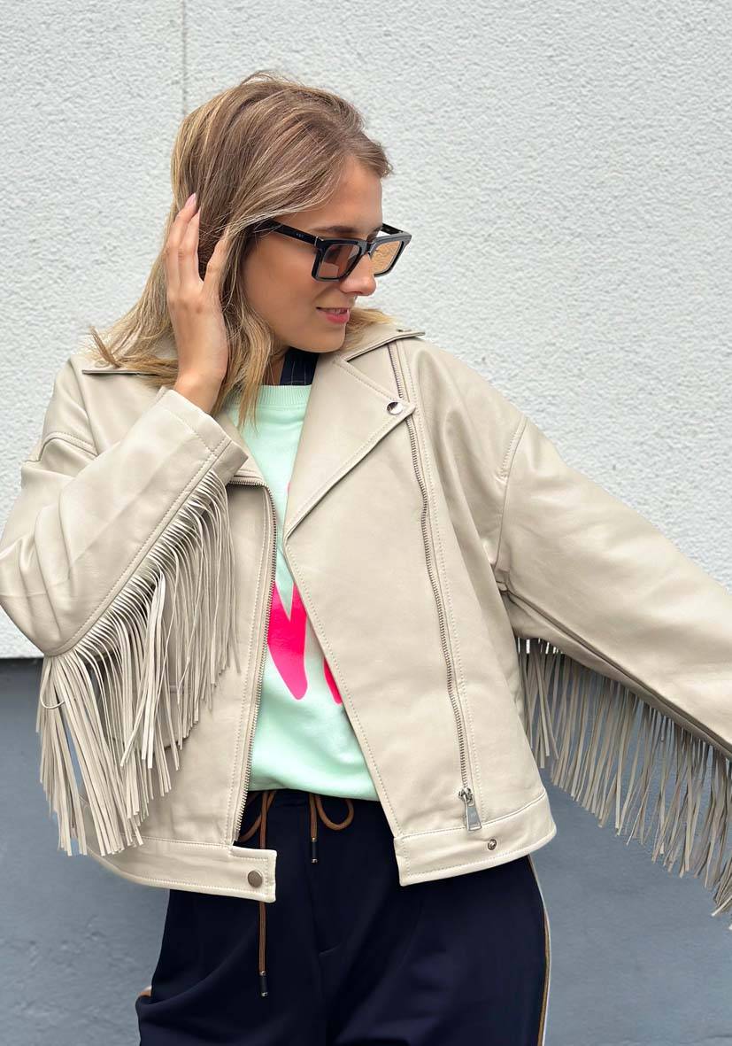Miss Goodlife Vegane Lederjacke mit Fransen – beige Günstiger Verkauf
