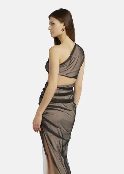 Nicowa Asymmetrical mesh dress - AWITO MAXI in Blackarticle number NC9A1401119E-002 Fabrikverkauf