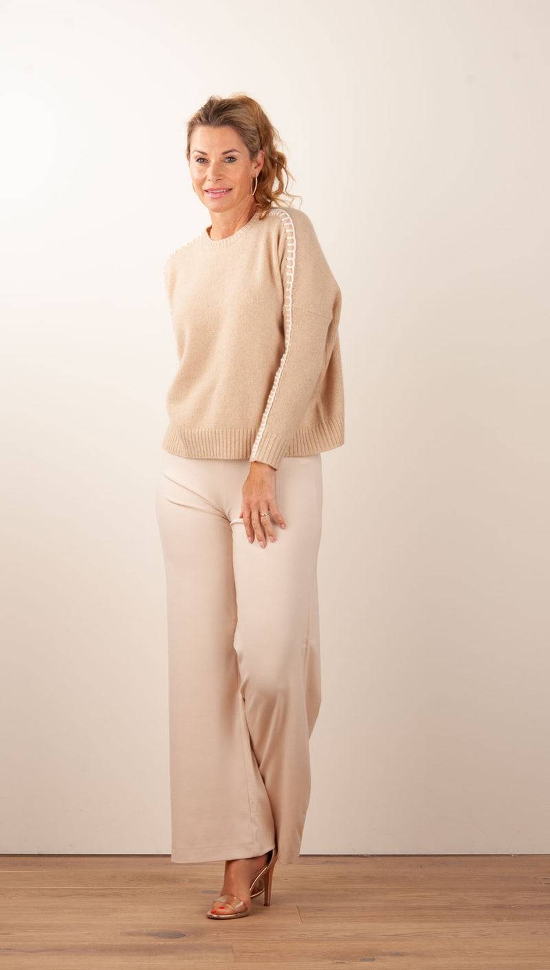 Kujten Kaschmir Pullover „Stitching“ Beige Große Rabatte