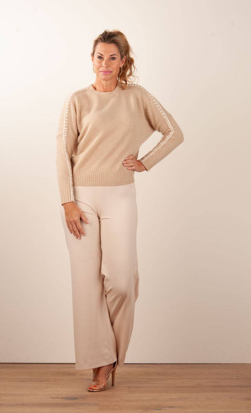 Kujten Kaschmir Pullover „Stitching“ Beige Große Rabatte