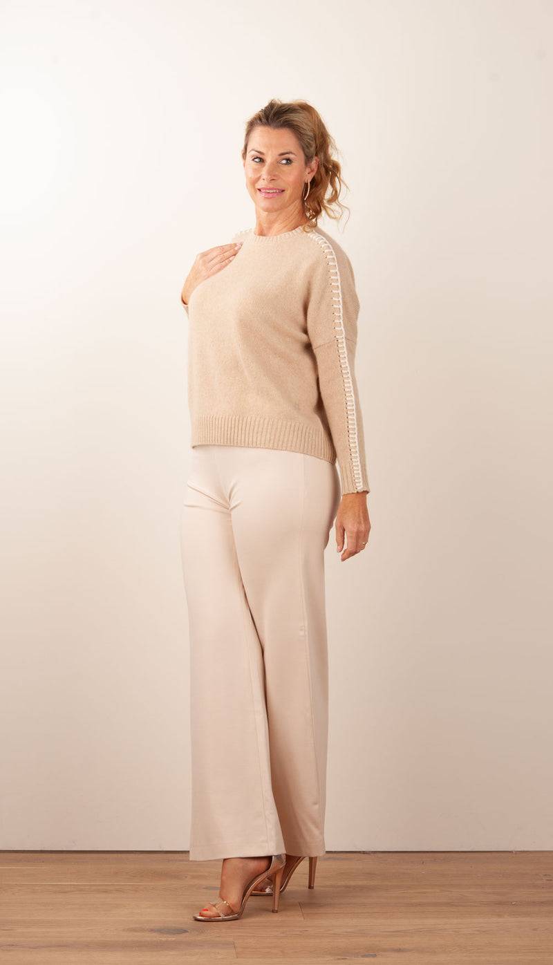 Kujten Kaschmir Pullover „Stitching“ Beige Große Rabatte