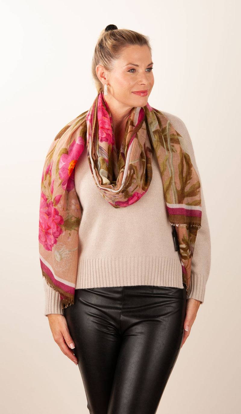 Simone Bruns Schal „Blumen & Blätter“ Taupe | Multicolor Schlussverkauf