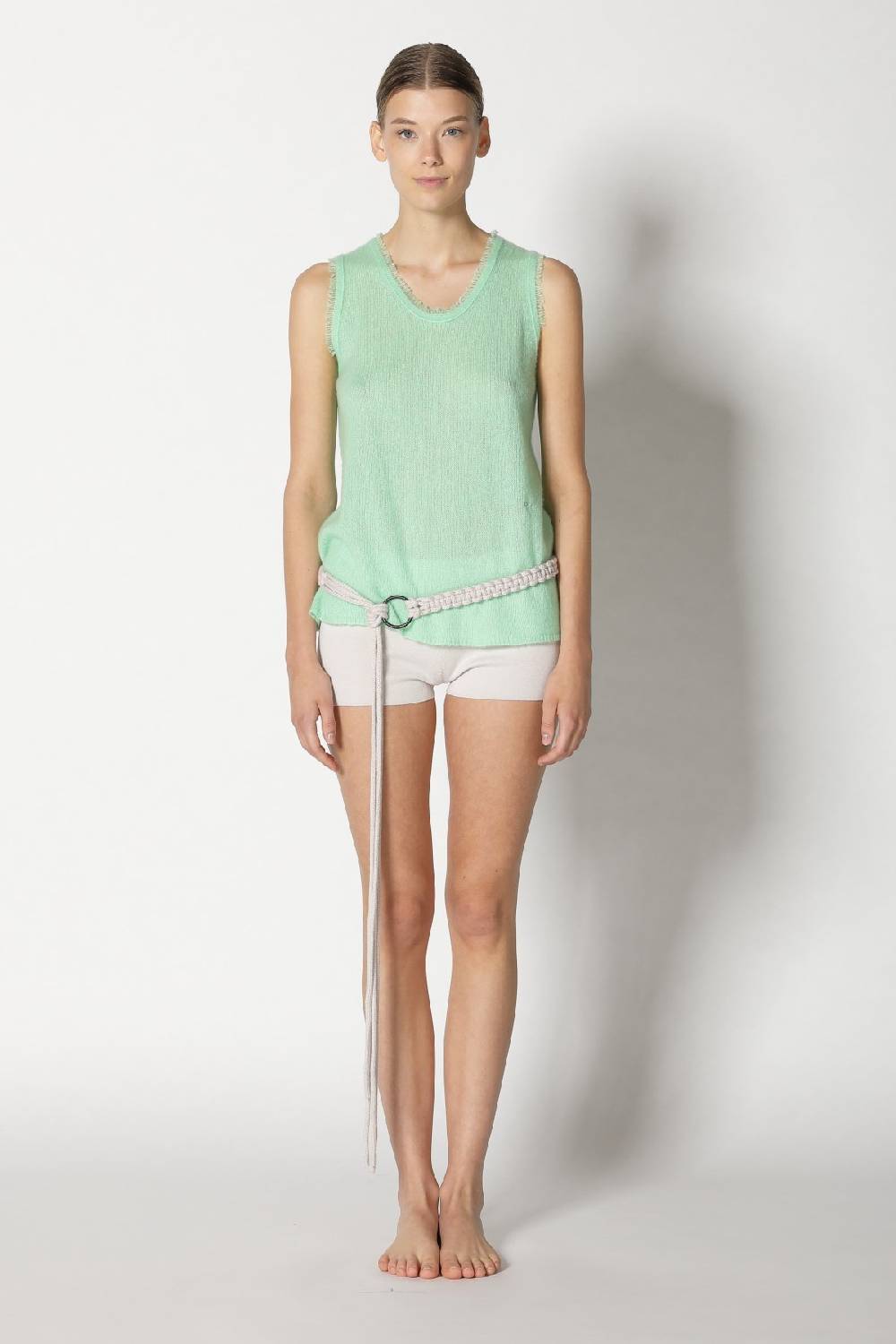 Sminfinity fluffy fringe crew top + fluffy fringe plaid + hang loose ring belt handmade makrame Großer Ausverkauf