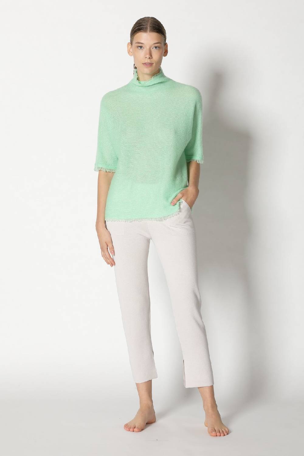 Sminfinity fluffy fringe turtle top + silky cropped pants Flash Sale