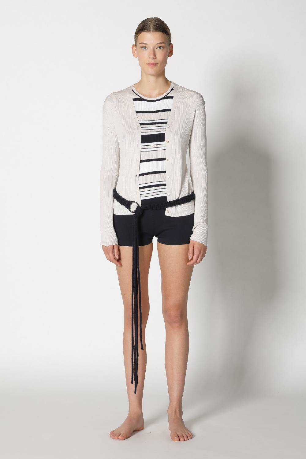 Sminfinity silky rib stripe crew T + silky rib cardy + silky shorts + hang loose ring belt Muttertagsangebot