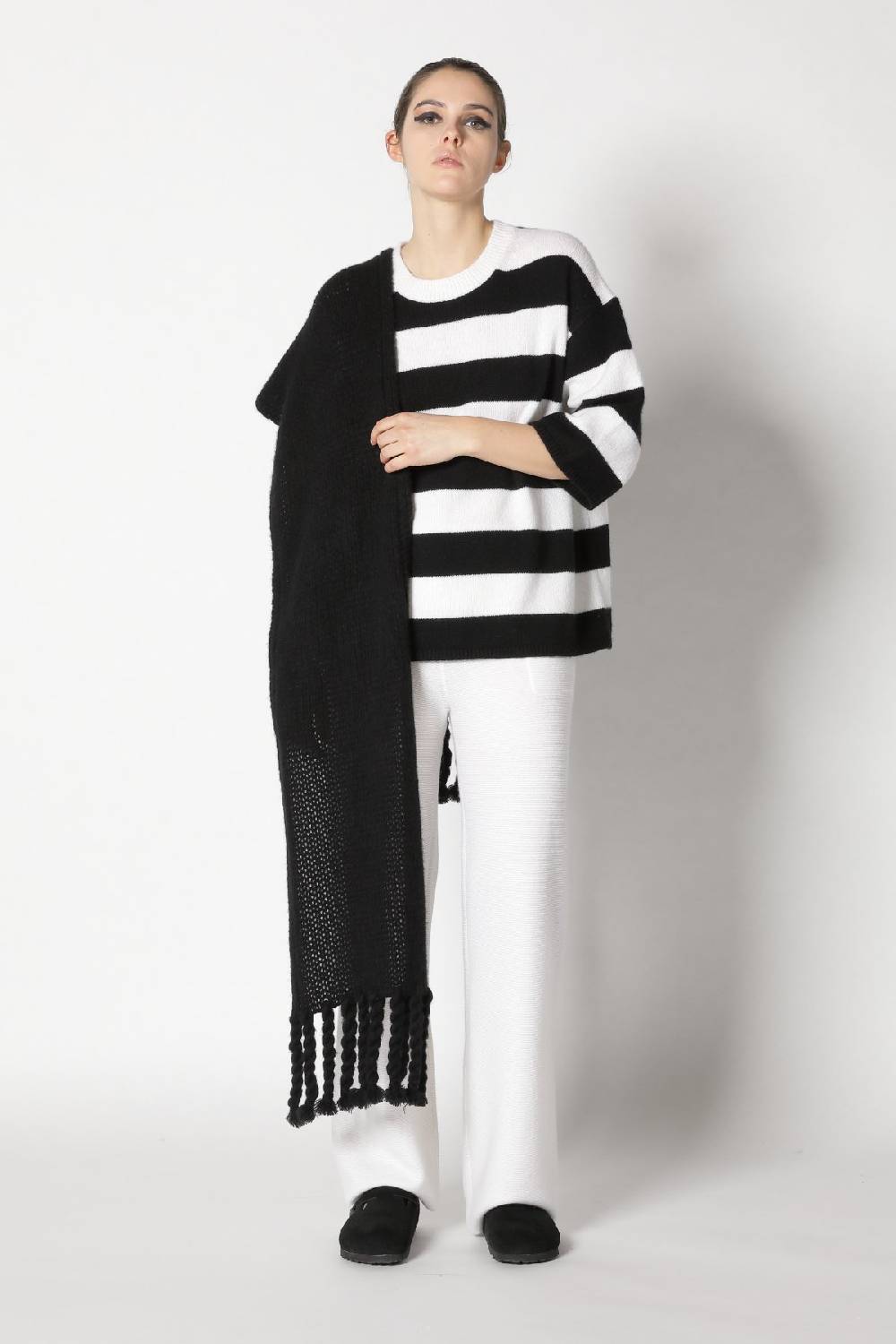 Sminfinity blurry stripe jumper + blurry chunky scarf + garter palazzo pants Online Outlet