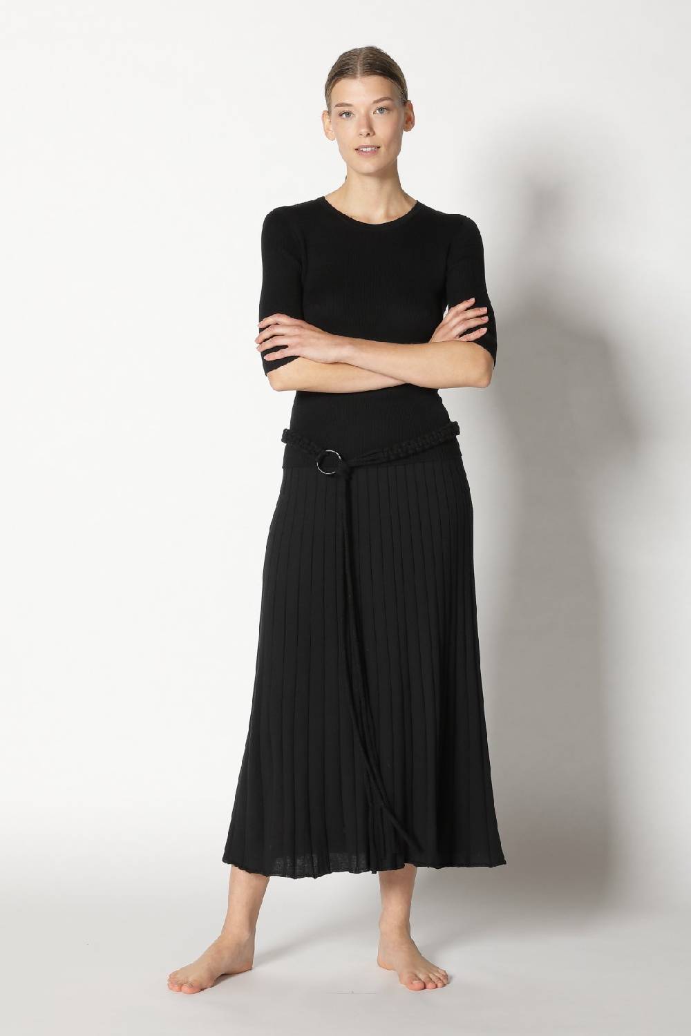 Sminfinity silky rib crew T + silky sun rib skirt + hang loose ring belt Online Shopping