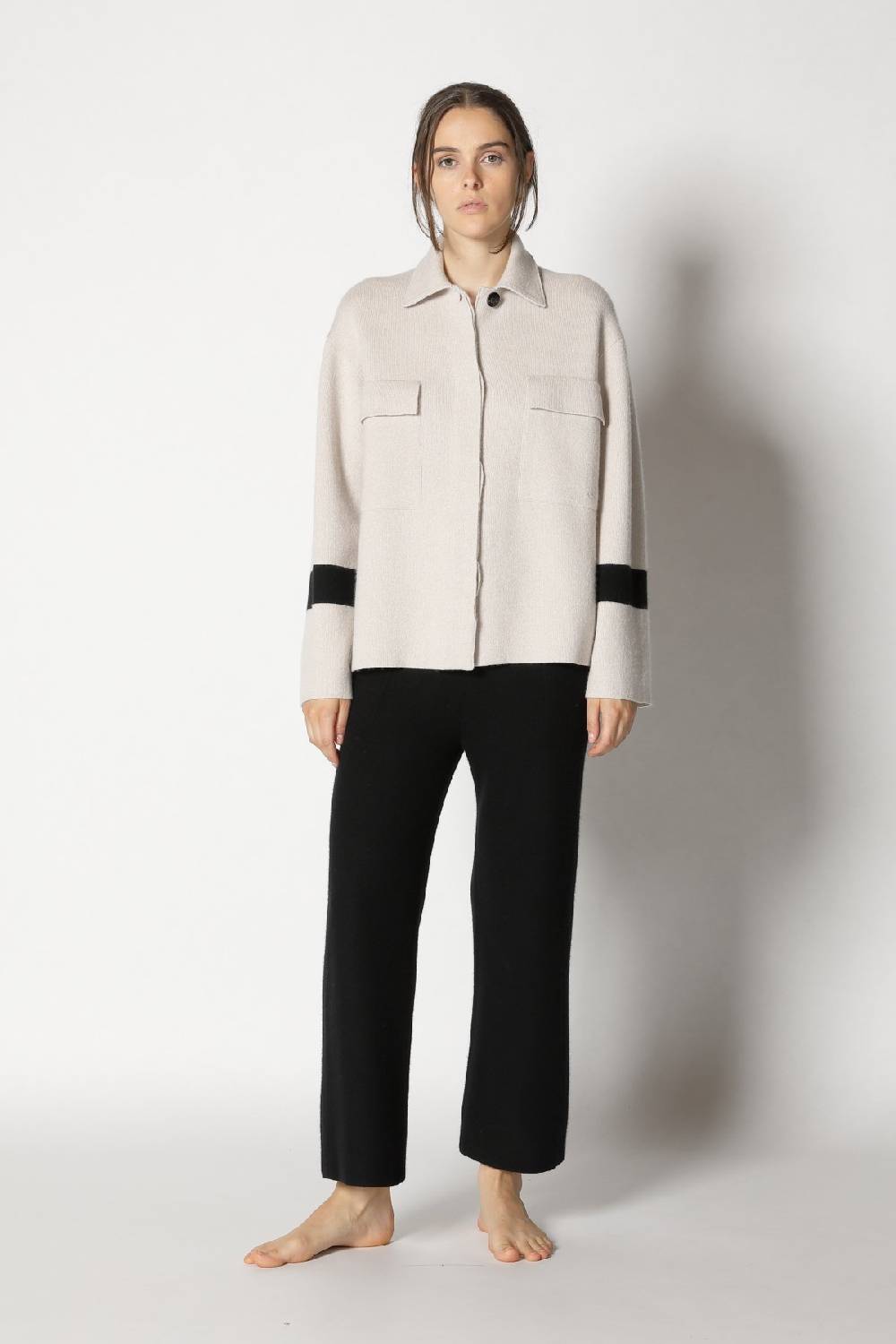 Sminfinity doubleface striped shirtjacket + garter cropped pants Online Outlet